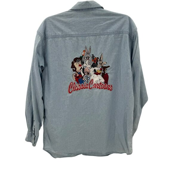 Warner Bros. Looney Tunes Classic Cartoons Blue Chambray Button-Up Shirt Size M - Picture 2 of 8